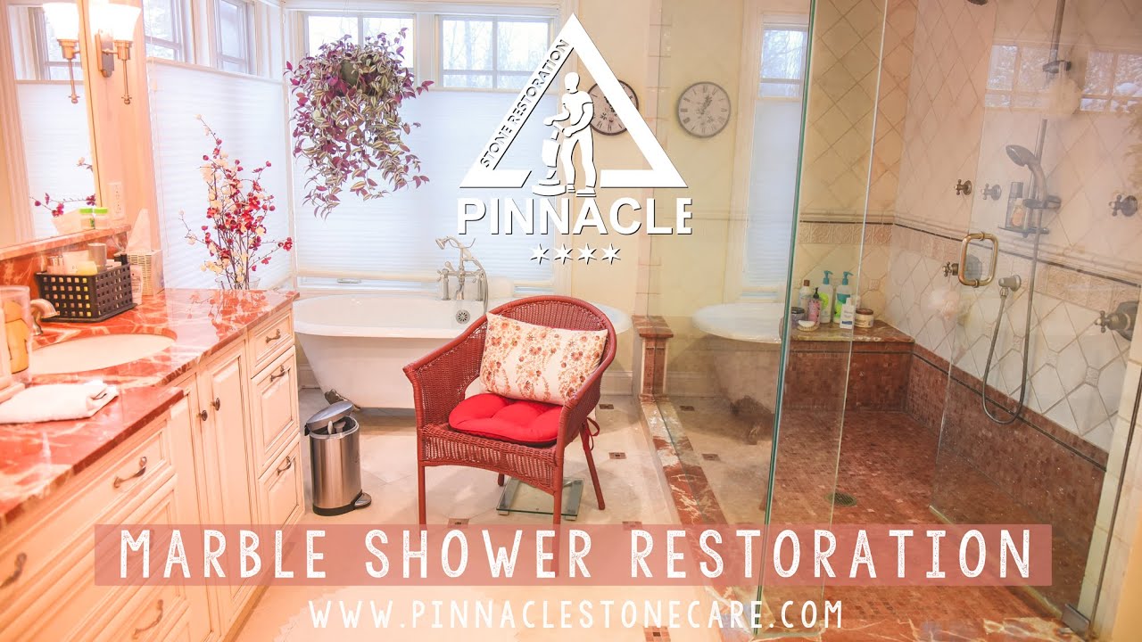 Master bathroom marble shower restoration, polish, clean, remove soap scum, dullness, and etch marks