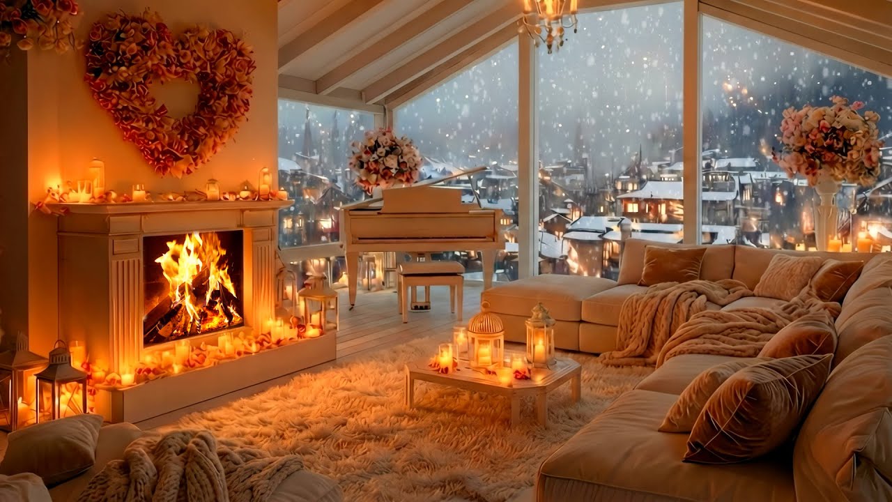 Peaceful Piano in Snowy City View ❄️🔥 Relaxing Fireplace Ambience for Sleep & Stress Relief