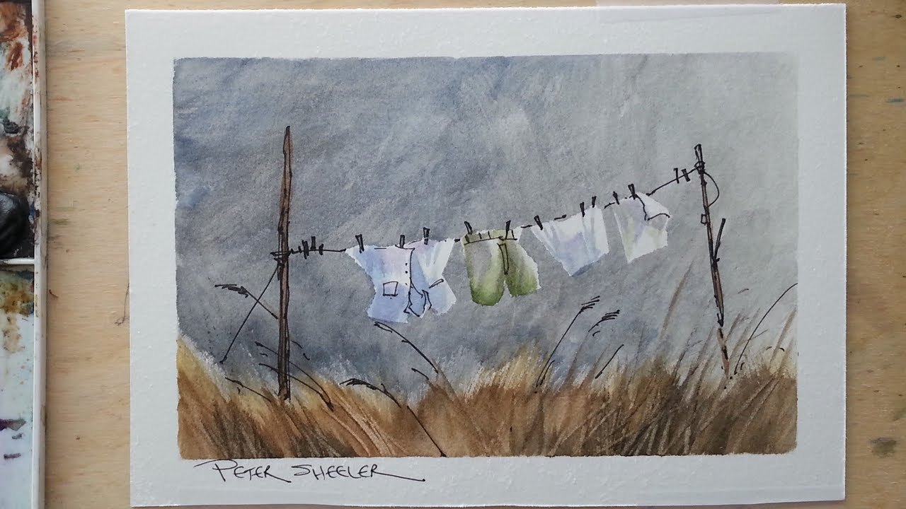 Line and wash of Wash on the Line :) Masking tape to preserve whites. Watercolor. Peter Sheeler
