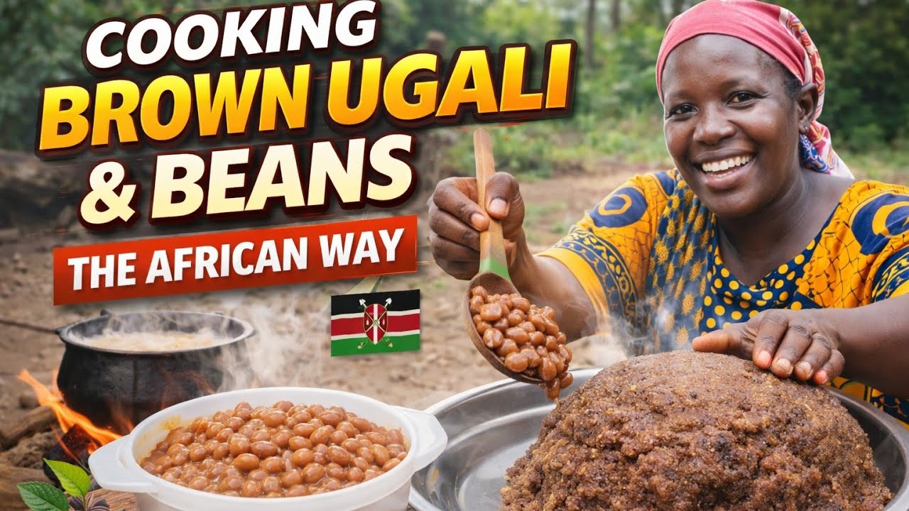 Village mom cooking Brown Ugali and beans the African way