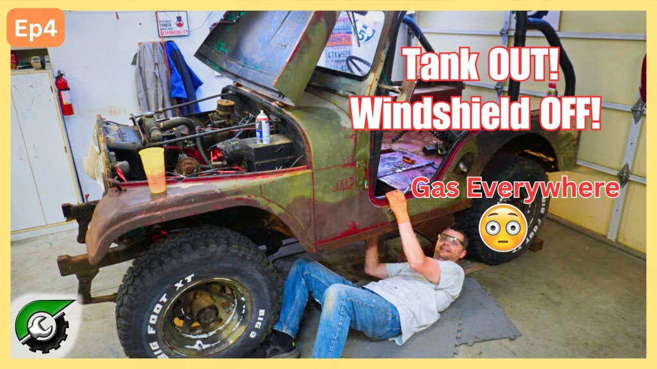 CJ5 Restoration Ep4 - Removing Gas Tank, Hood, Windshield!