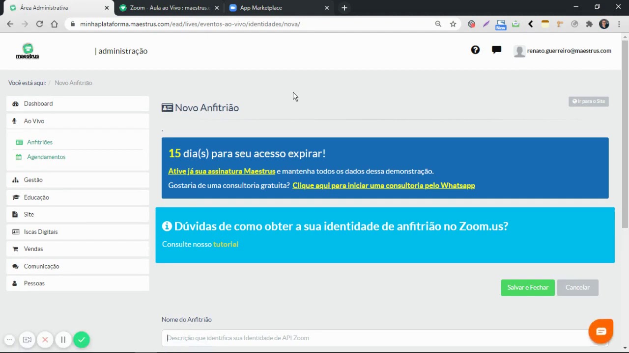Maestrus + Zoom | Passo 1 - Cadastro de Anfitri&otilde;es