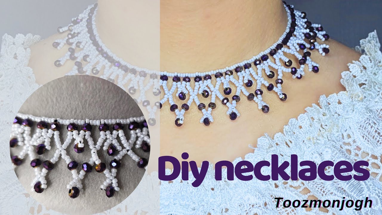  DIY White Beaded Necklace with Purple Crystals | Elegant Handmade Jewelry خودت بساز @toozmonjogh 