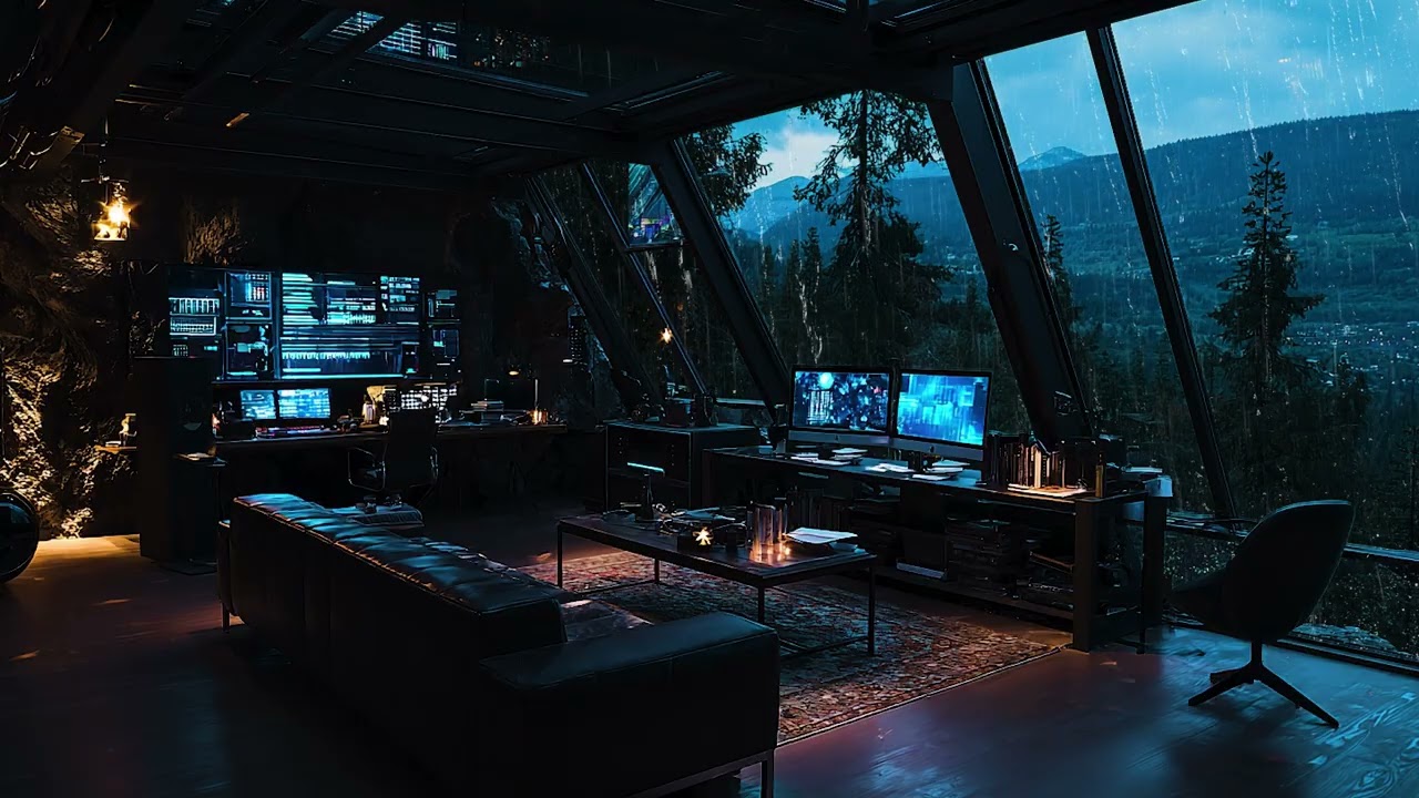 Deeply focused music - Minimalist office & green forest atmosphere with heavy rain sounds