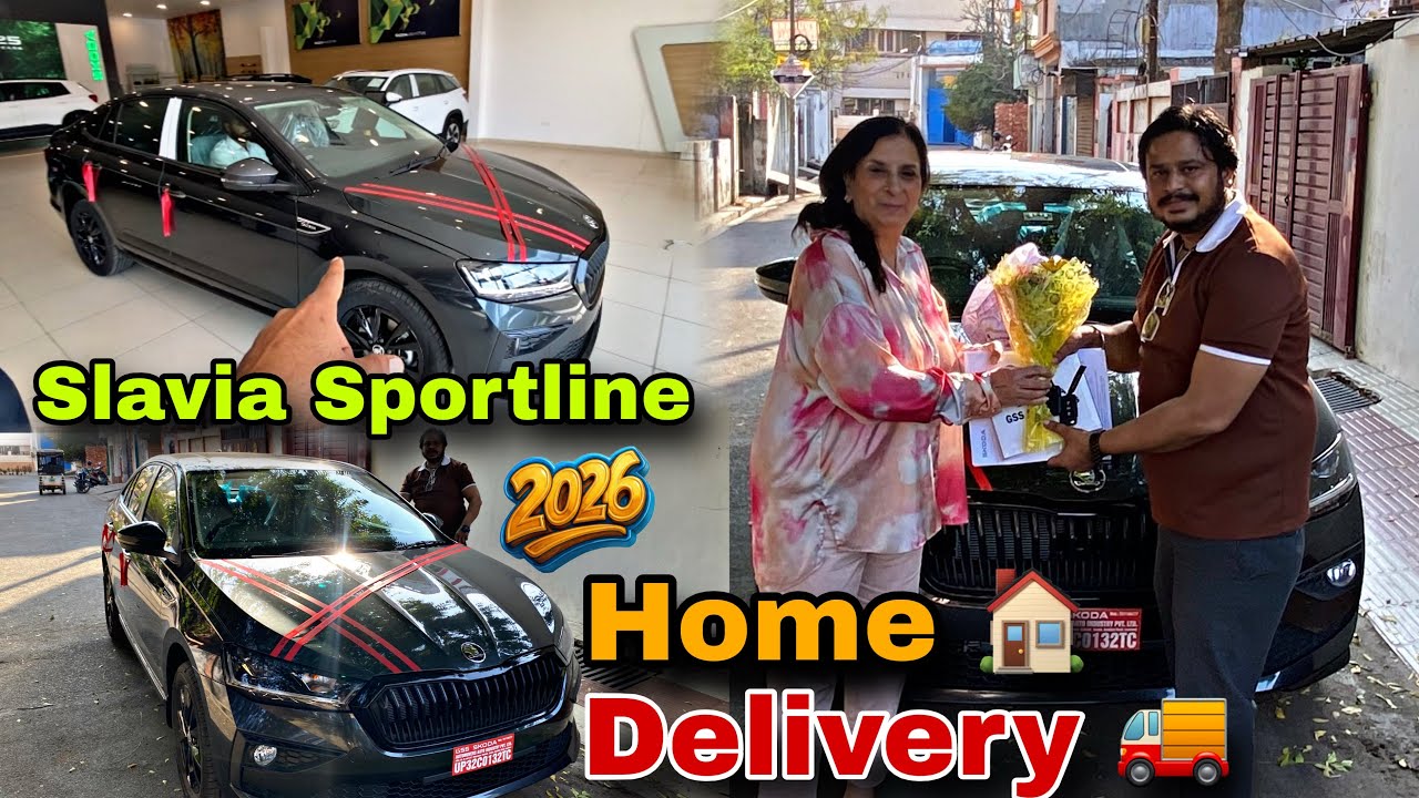 Home delivery Of Skoda Slavia sportline 1.0 Grey Colour full Walkaround reviews 