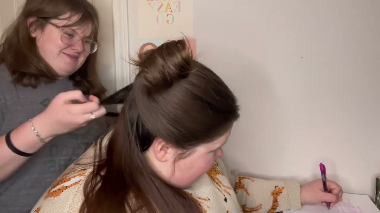 ASMR hair brushing, scalp check and hair braiding on sister!!