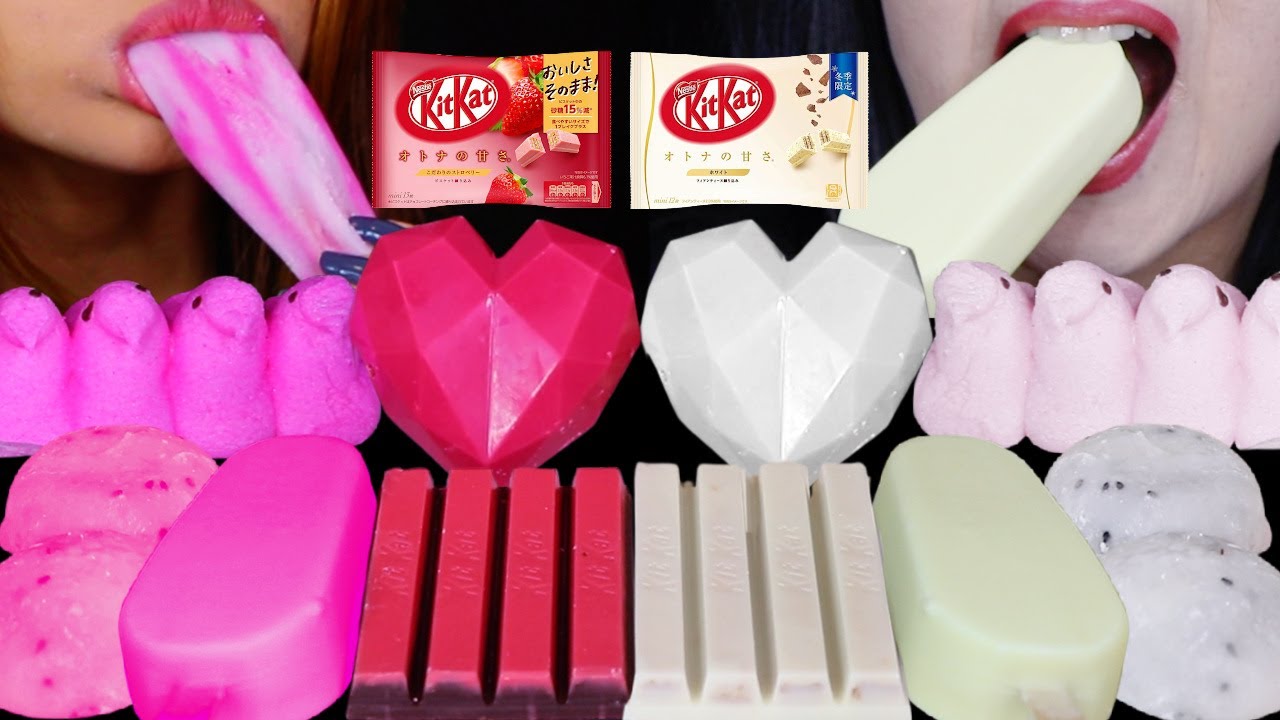 ASMR STRAWBERRY & BLACK SESAME CREAM MOCHI, PINK CHOCOLATE BOMB HEART, KITKAT, PEEPS MARSHMALLOW 먹방