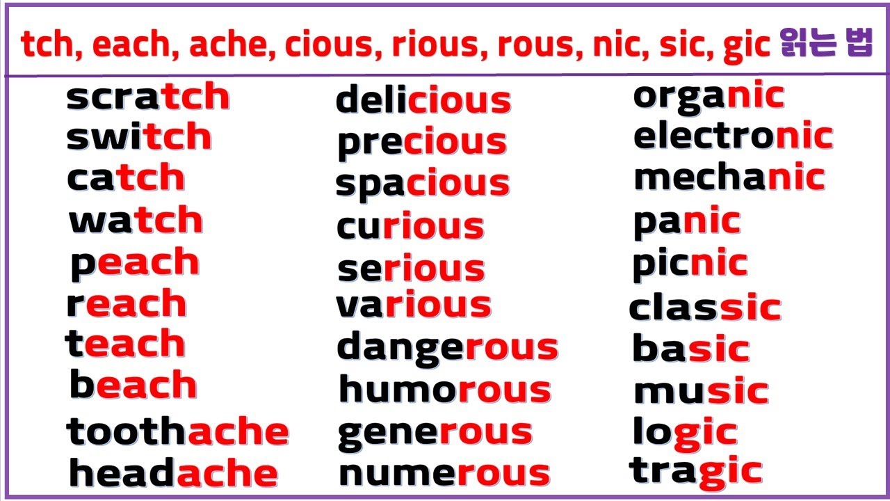 입소문 영어 읽기 모아 보기 (12탄) / tch, each, ache, cious, rious, rous, nic, sic, gic 쉽게 읽는 법