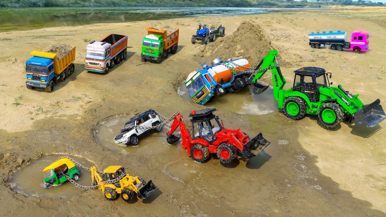 JCB Tractor Cartoon Video | Petrol Oil TRUCK Tank Car Auto Muddy Accident Pulling Out 3JCB 3DX 