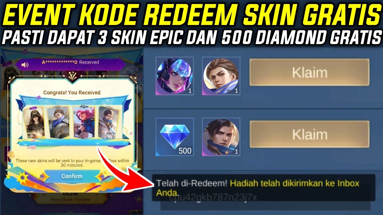 TUKAR KODE REDEEM 3 SKIN EPIC DAN 500 DIAMOND GRATIS !! EVENT KODE REDEEM SKIN EPIC GRATIS MLBB