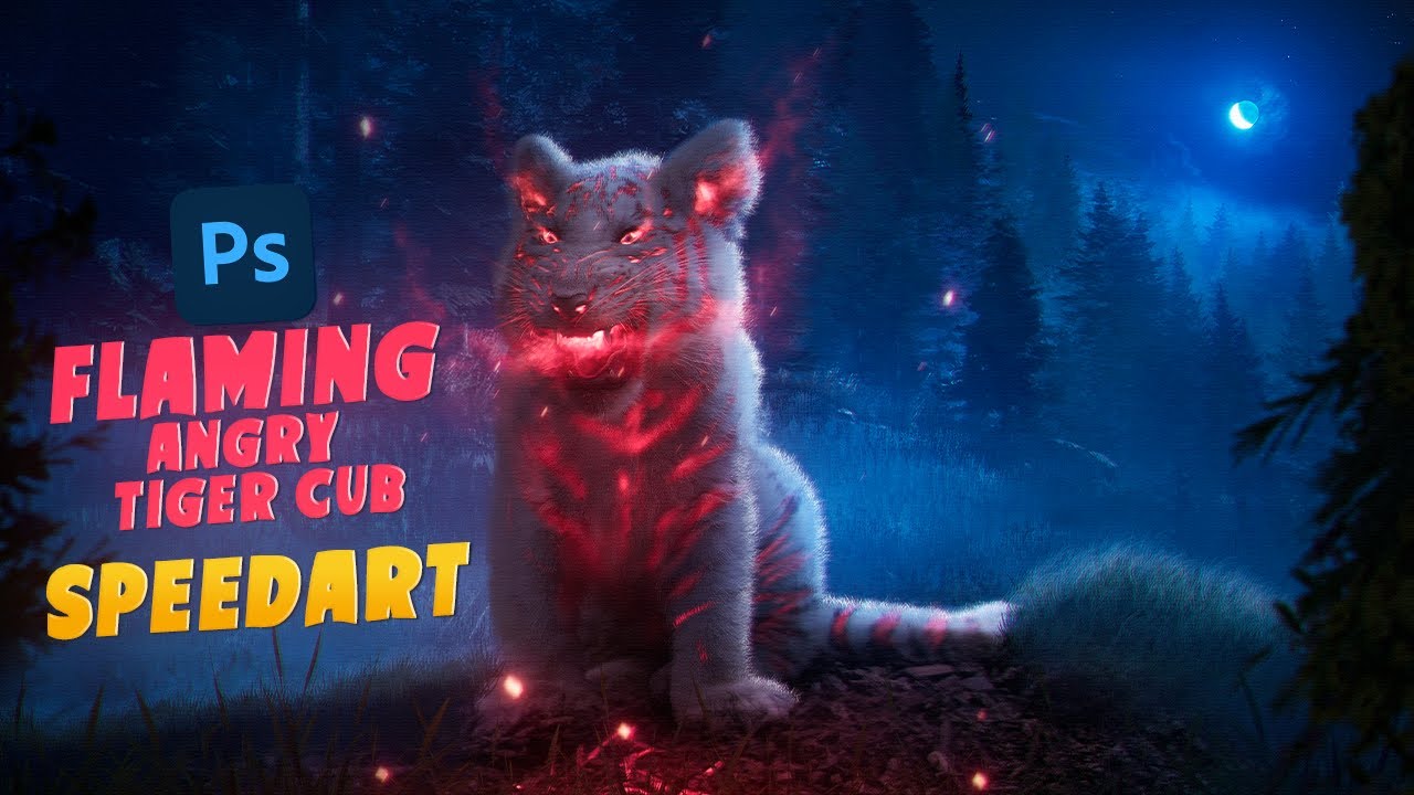 Flaming Angry TIGER CUB - Photoshop - Speed art #photobashing #digitalpaintingtimelapse