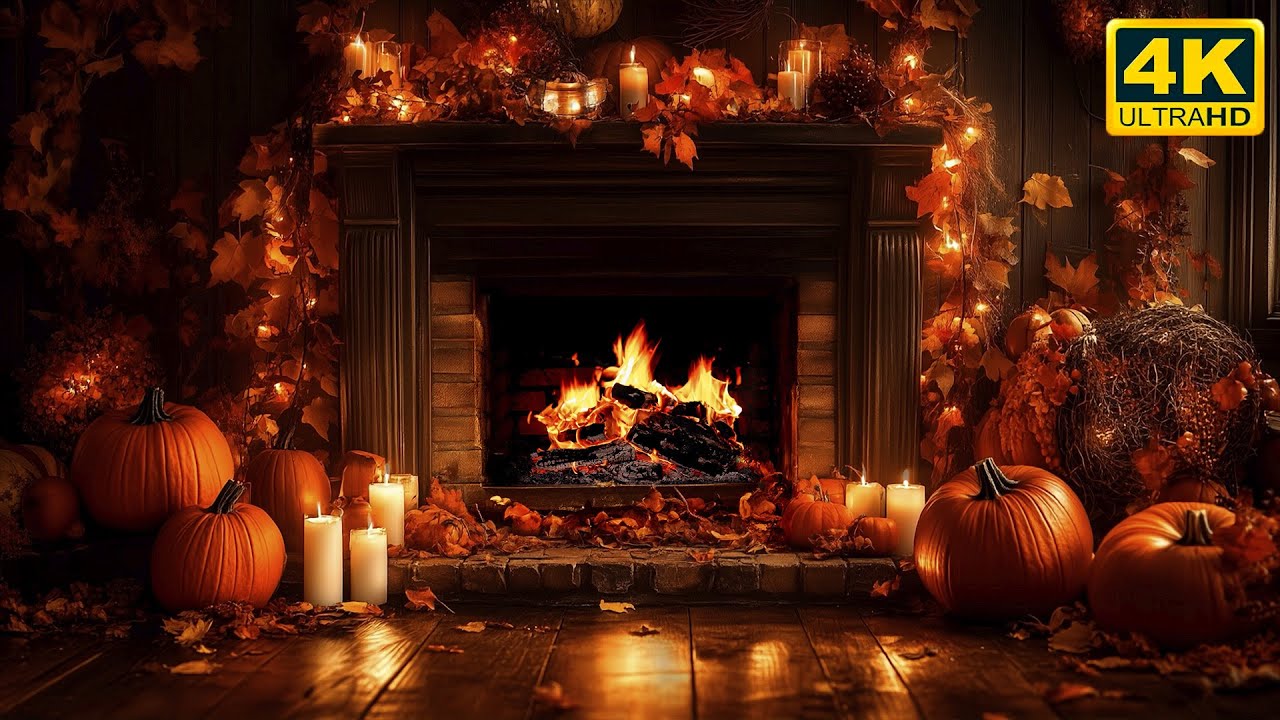 🍂 Осенний камин в 4K (12 часов) 🔥 Уютная атмосфера потрескивания огня — спокойствие и расслабление