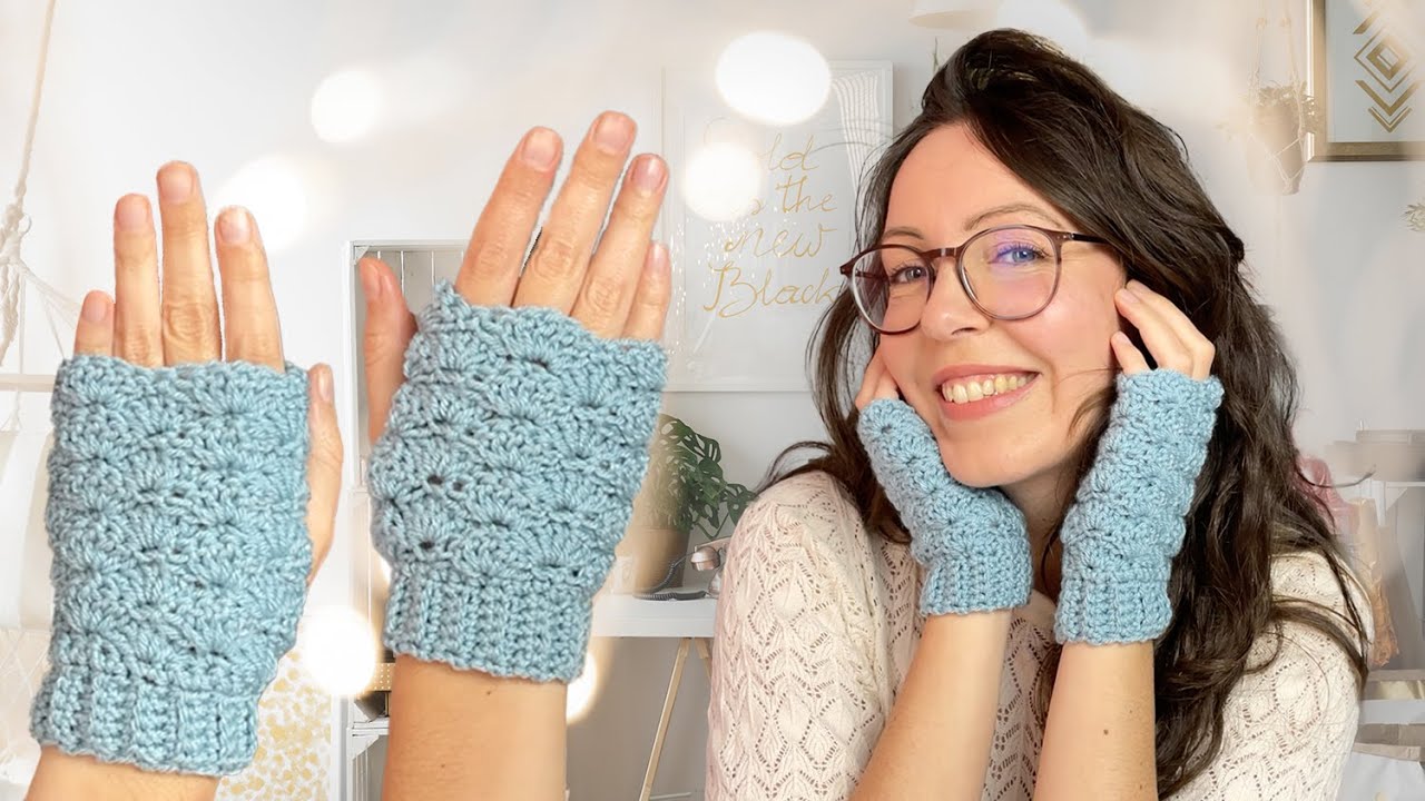 Einfache Handstulpen häkeln (mit Daumenloch) | Pulswärmer | fingerlose Handschuhe im Muschelmuster