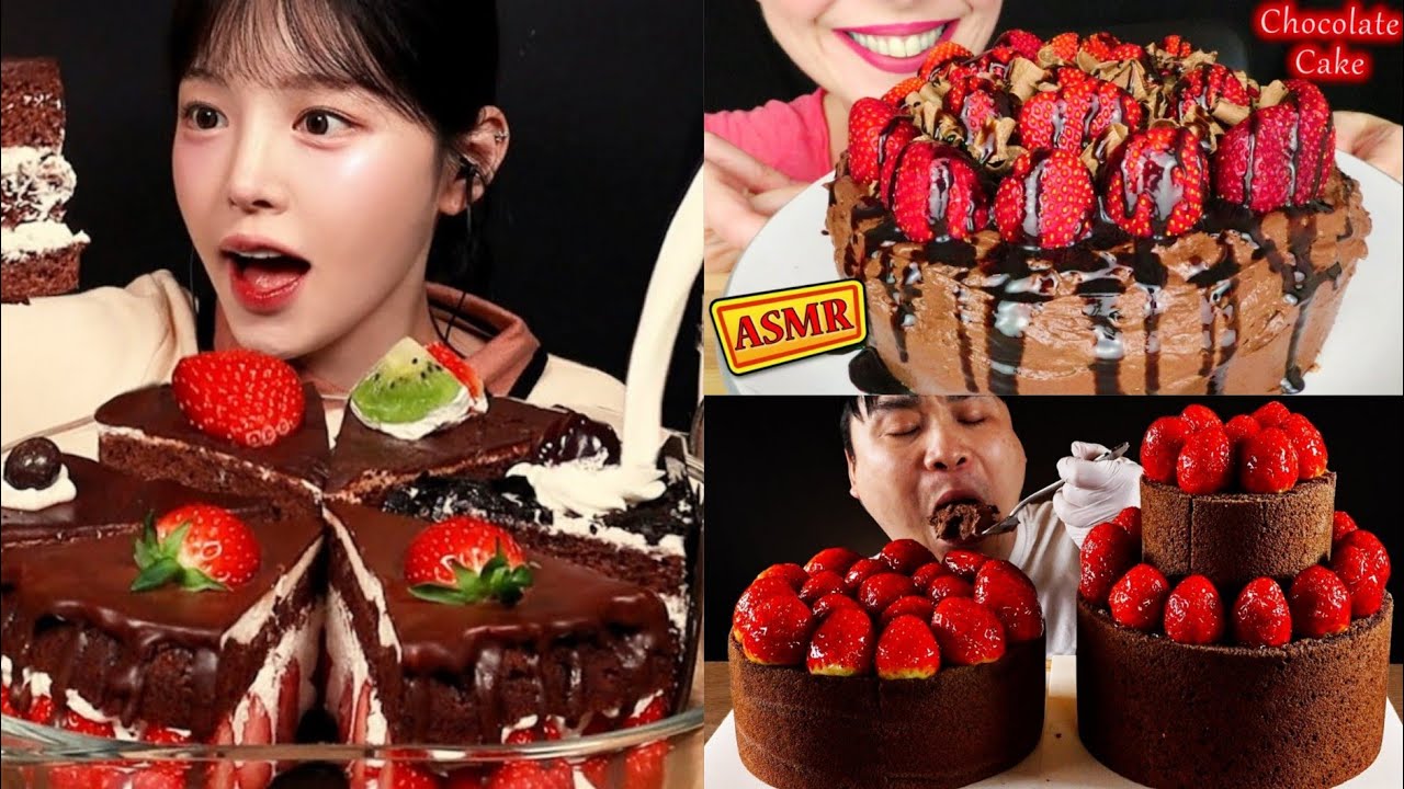 SATISFYING CHOCOLATE STRAWBERRY CAKE MUKBANG