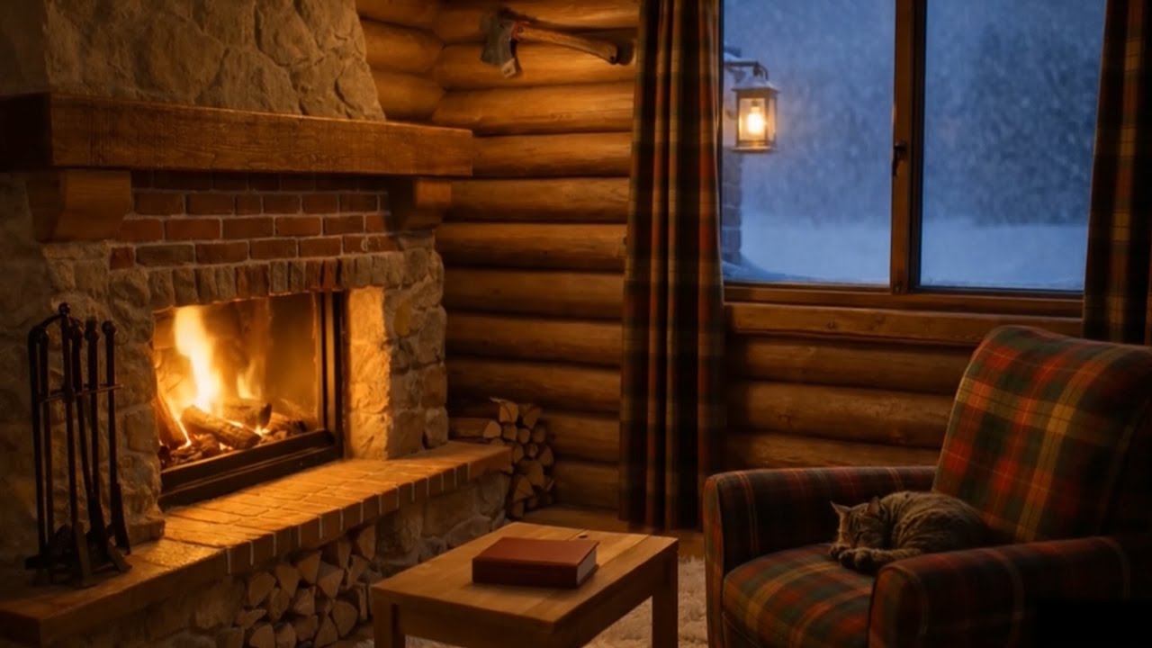 Log Cabin Winter Ambience – Crackling Fireplace & Blizzard for Deep Sleep