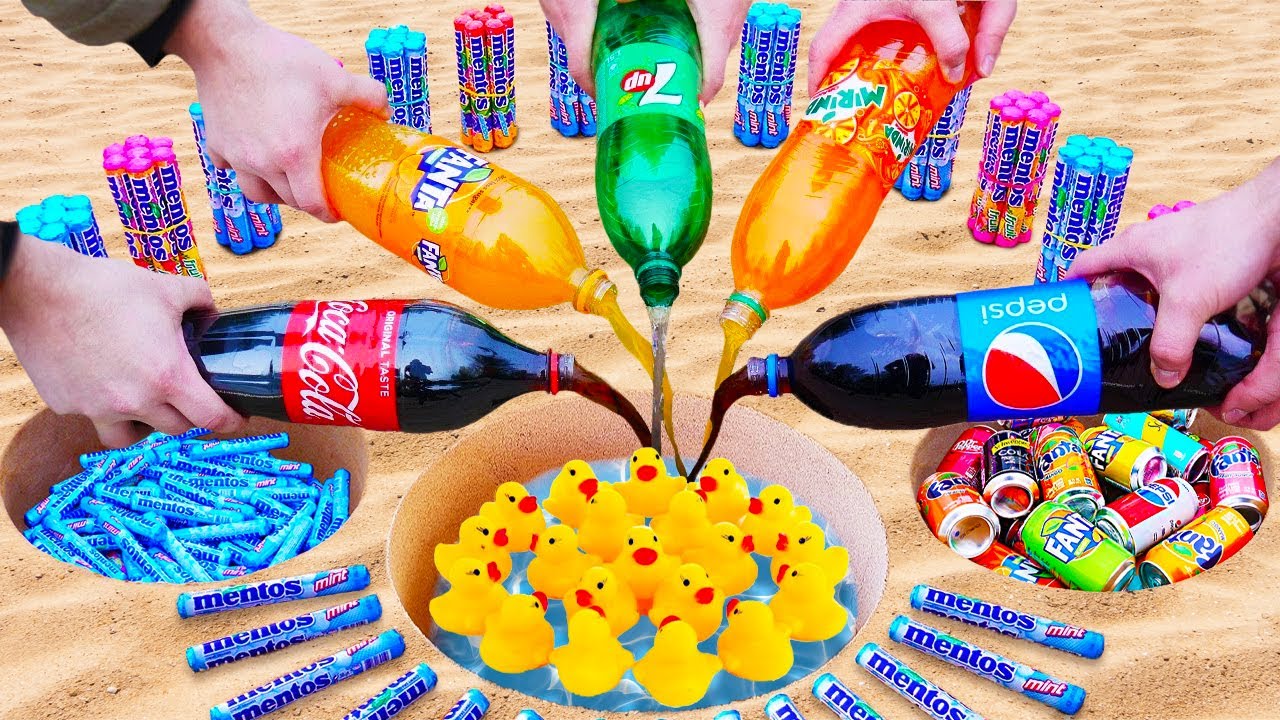 EXPERIMENT Duck Toys  VS Coca Cola, Sprite,different Monster, Fanta vs Mentos in Big Underground
