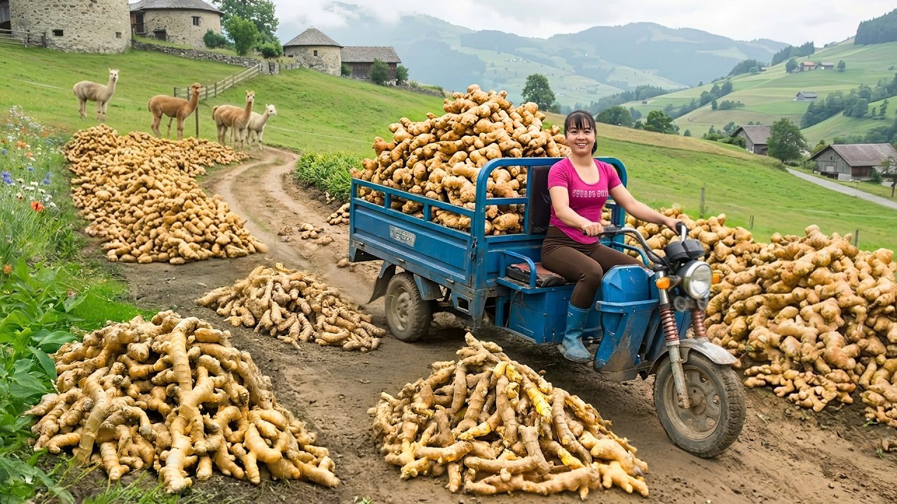 Harvesting 100KG Ginger, Use 3-Wheeled Truck Transport Go to Market Sell - Caring for Sugarcane