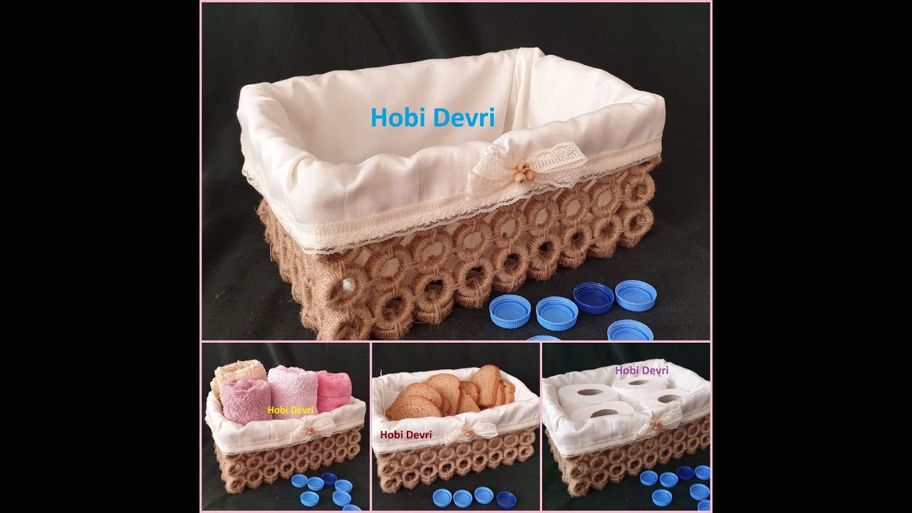 DIY,Basket With Plastic Bottles Cap and Jute Rope,Storage Box İdeas, Platik Kapaklardan Sepet Yap