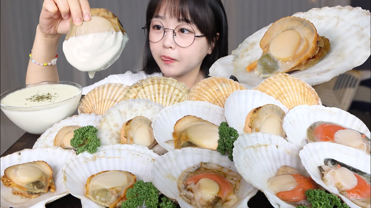 Ешьте гребешки со сливочным соусом.🤍Mukbang ASMR