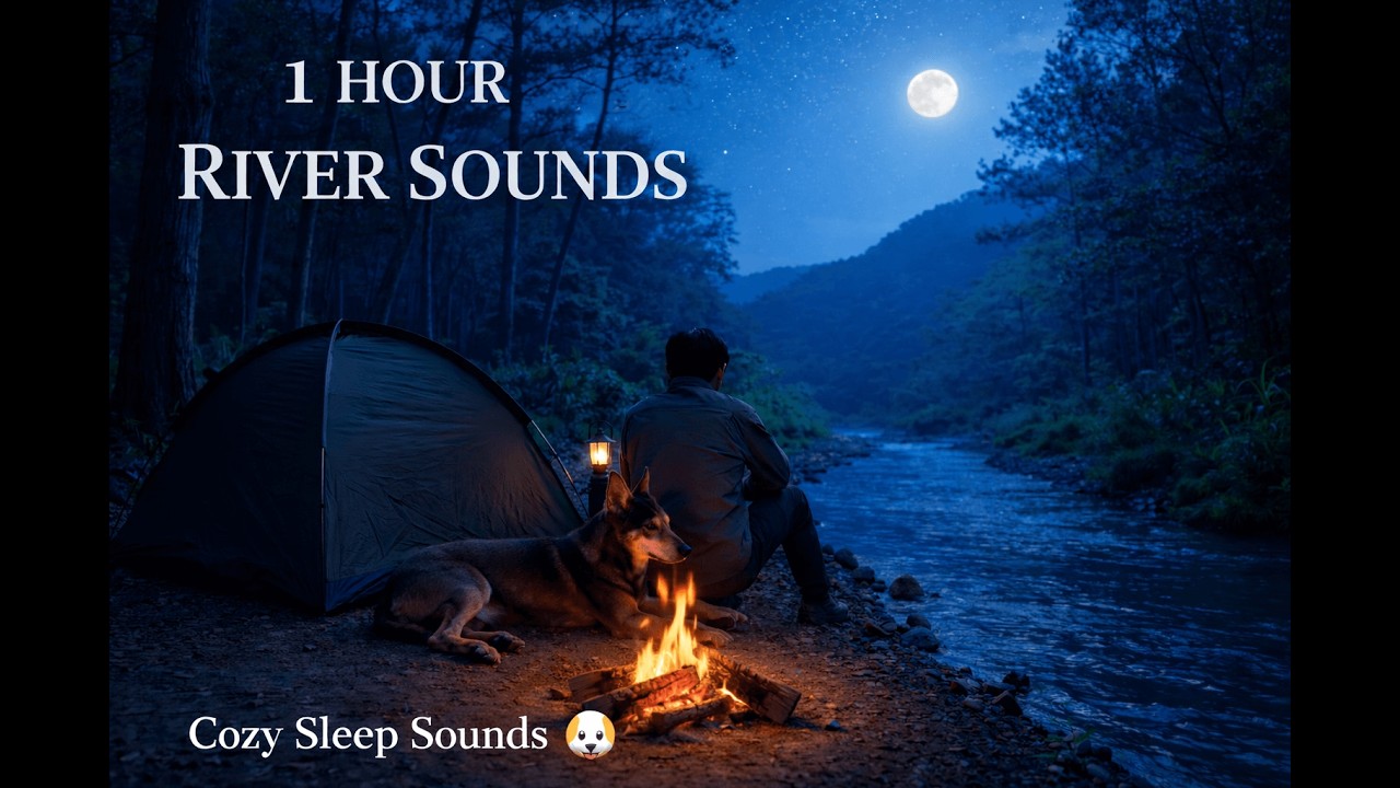 1 Hour River Sounds 🌙 | Night Camping by the Stream with Dog | Relaxing Sleep Ambience