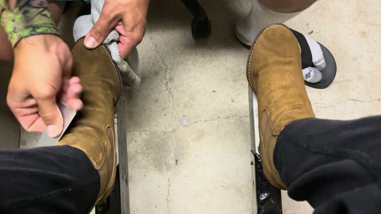 ASMR shoeshine using my knife in suede booties they are ready to sleep 😴 🤫