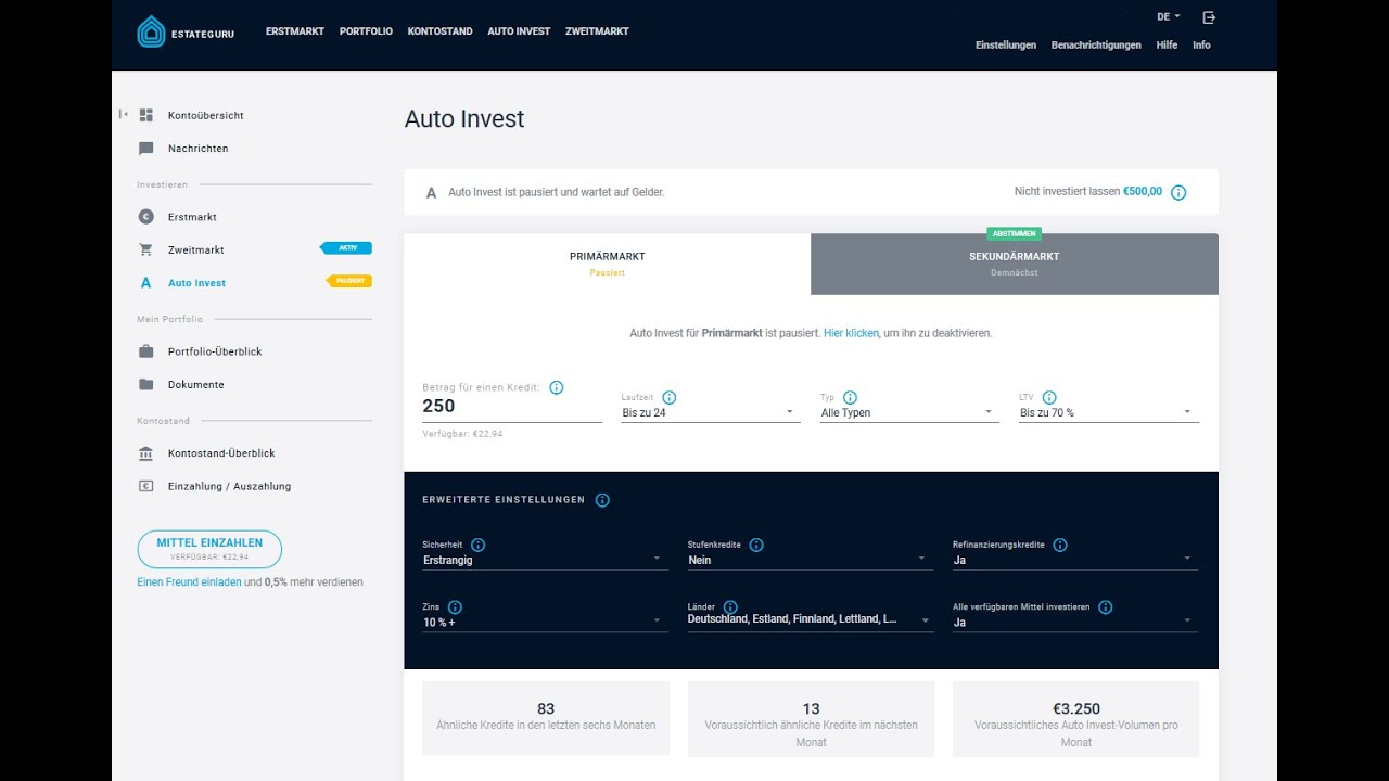 EstateGuru Auto Invest Einstellungen