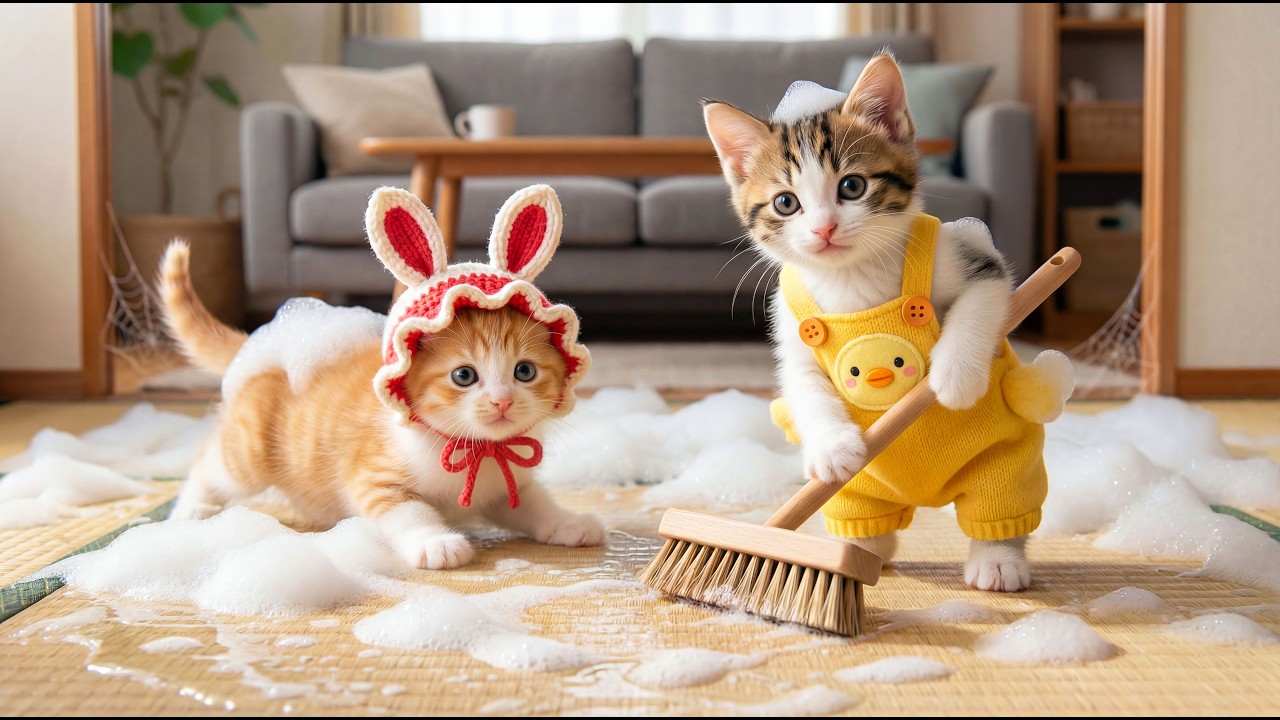 😲 Two Kittens’ Cleaning Day Turns Into a Big 🐱💦 | Melunnira