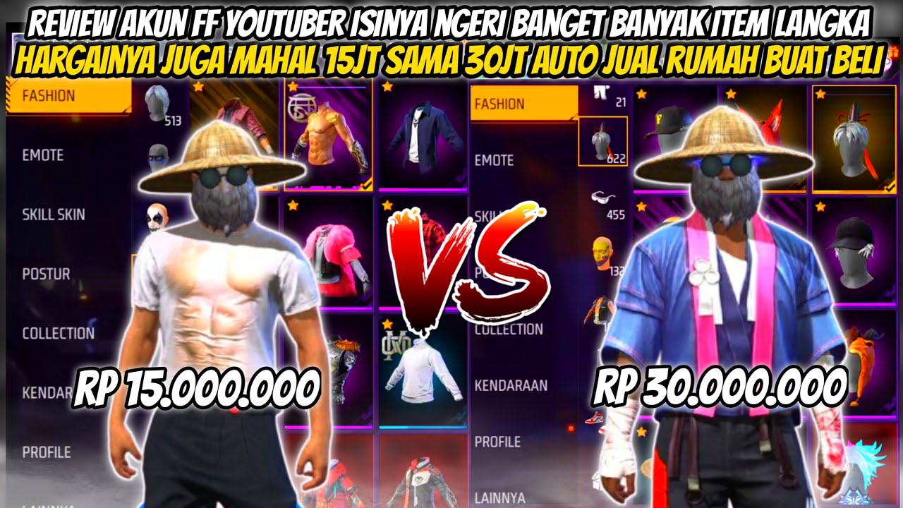 RIVIEW AKUN FF SEHARGA 15JT VS 30JT! TERNYATA AKUN NYA PARA YOUTUBER BANYAK VAULT LAGKAH😱