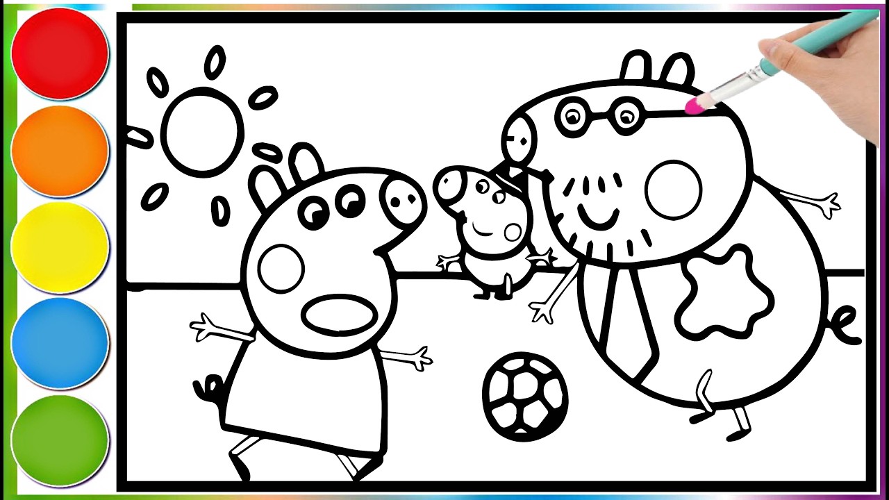 Peppa Pig plays ball with her dad and little George plays referee || Learn to color the Peppa Pig
