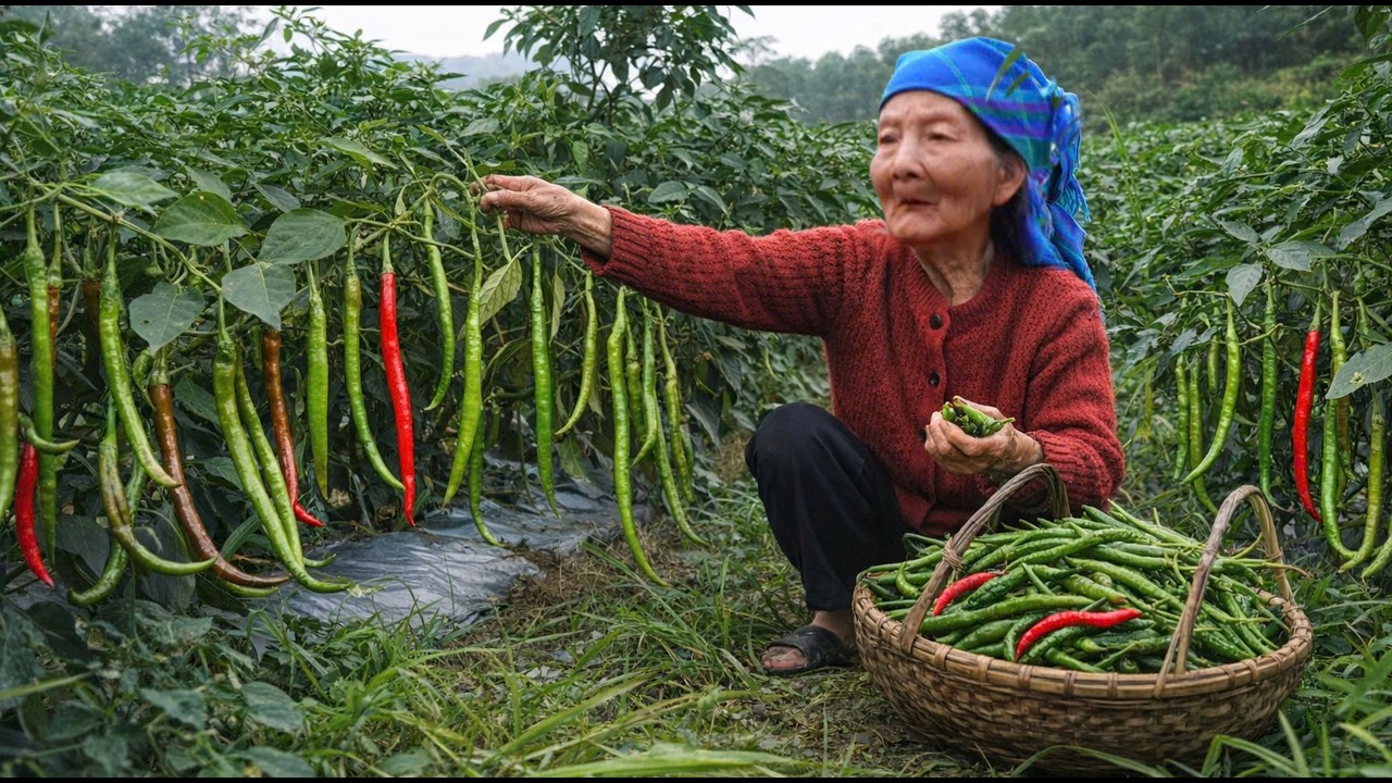 Grandma harvests fresh chilies and cooks a traditional dish