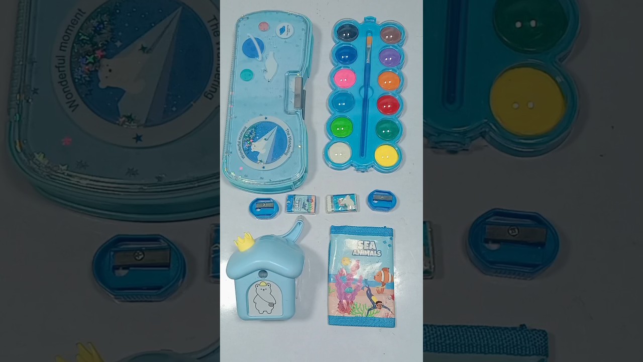 Blue colour stationery collection, Colour set, pencil box, eraser & Sharpner #stationery #pencilbox