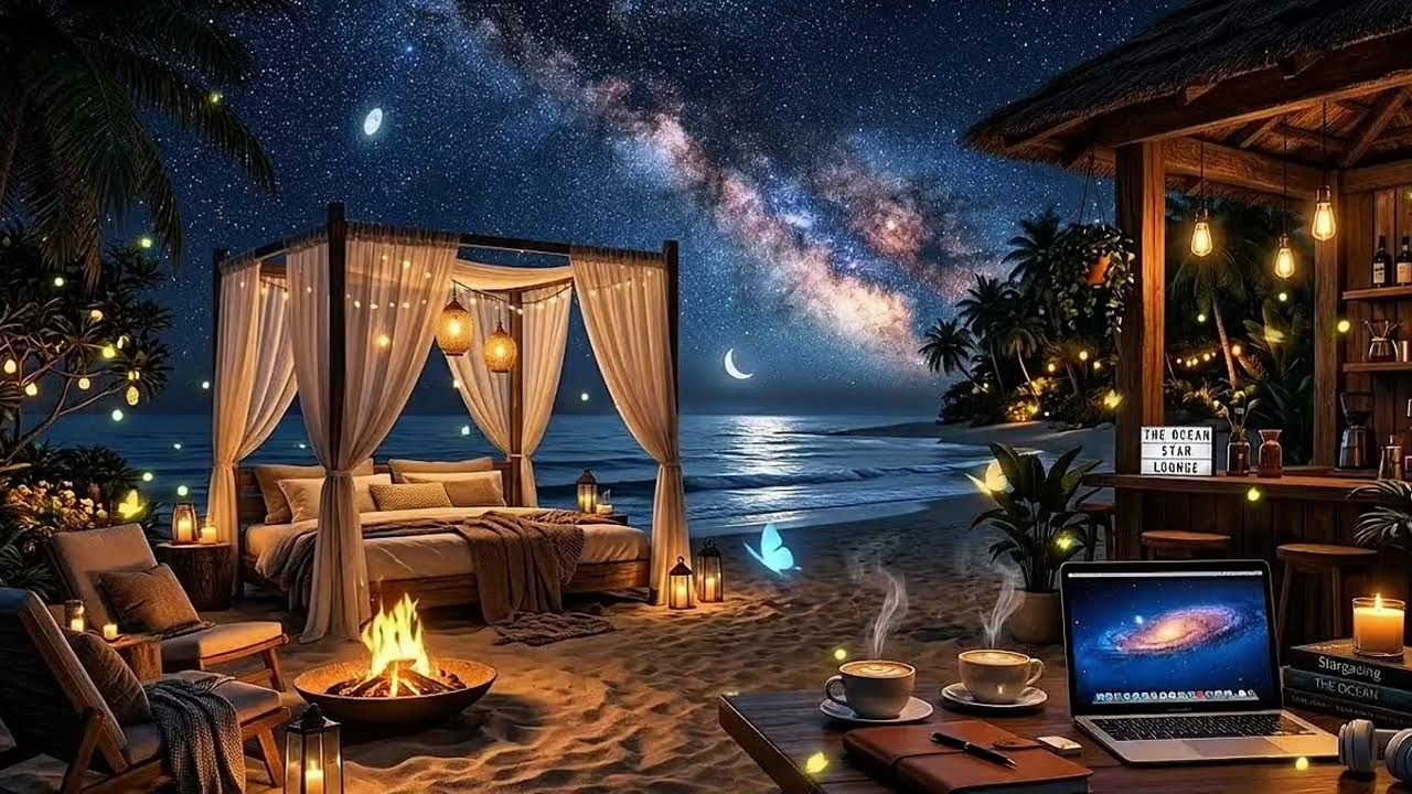 Relaxing Spring Cozy Coffee Shop  on the Beach with Jazz Piano Background  Music for Relieve Stress