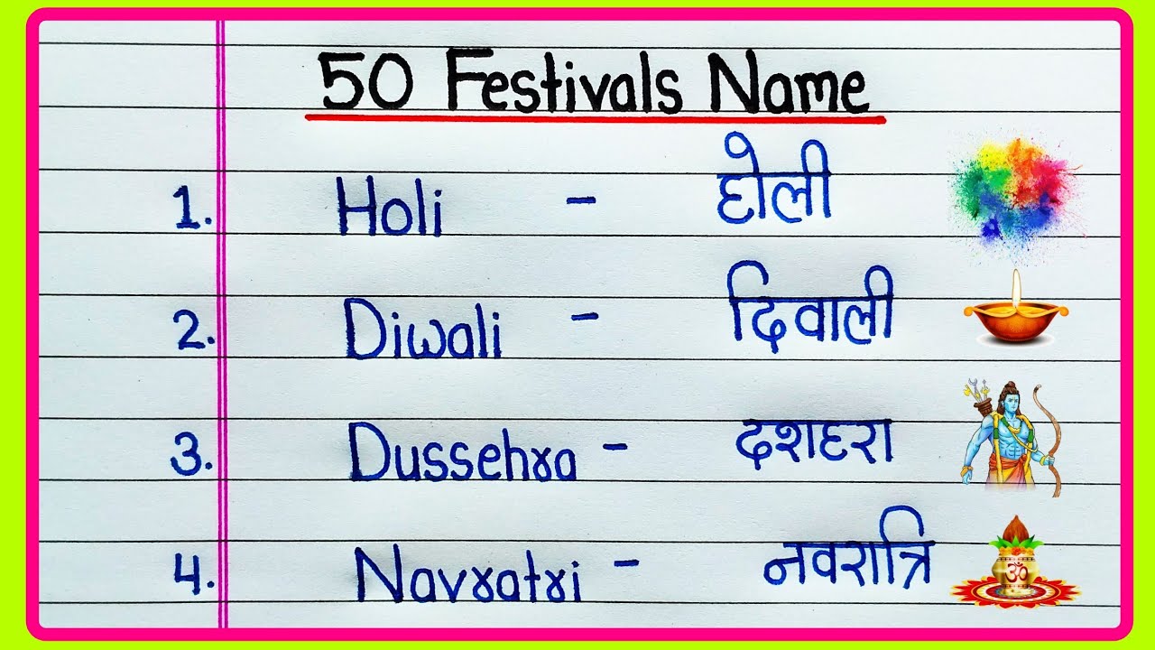 50 Festivals name in Hindi and English | 50 त्योहारों के नाम | Festival name | 50 Festivals of India