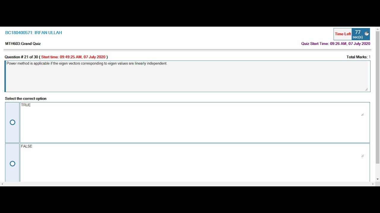 MTH603 - Numerical Analysis mid term grand quiz 2020