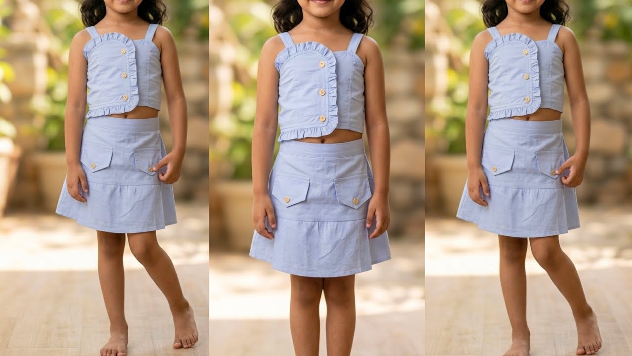 Trendy Baby Top & Skirt Cutting and Stitching| Stylish Ruffle Crop Top with Pocket Skirt Design 2025