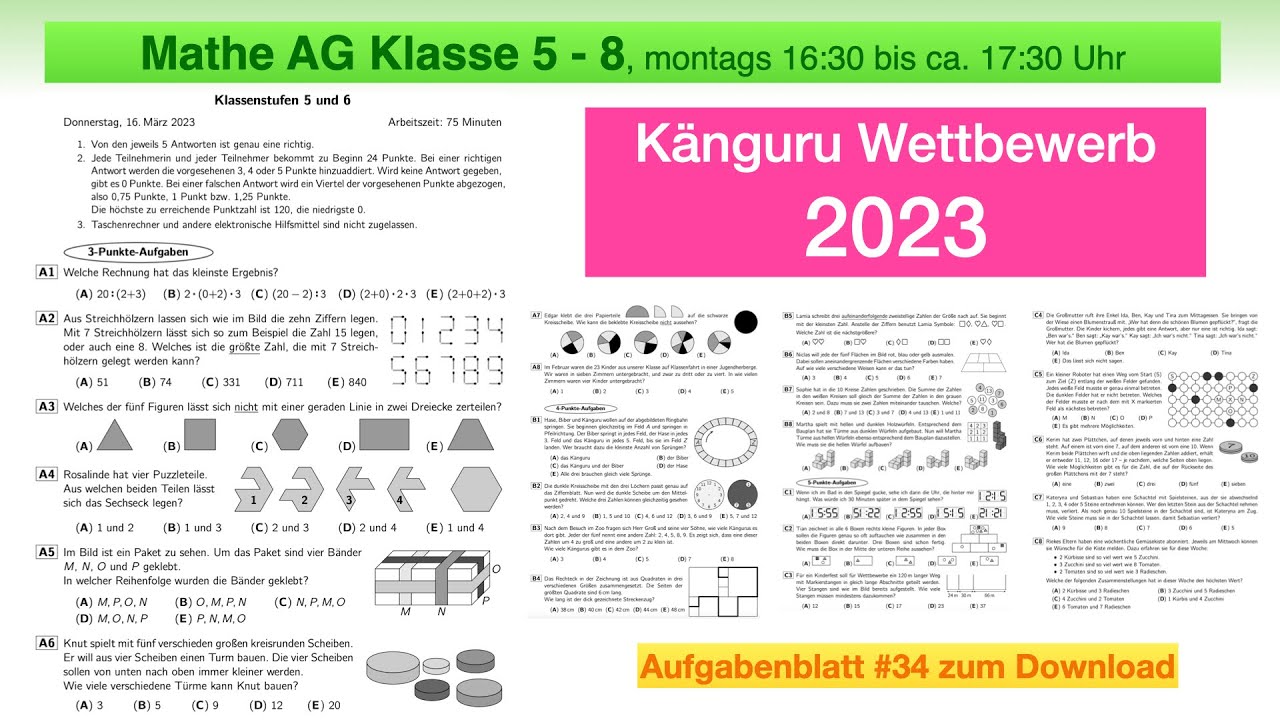 #34 | Mathe AG | Känguru Wettbewerb 2023 | Klassen 5 und 6 | alle Aufgaben und alle Lösungen