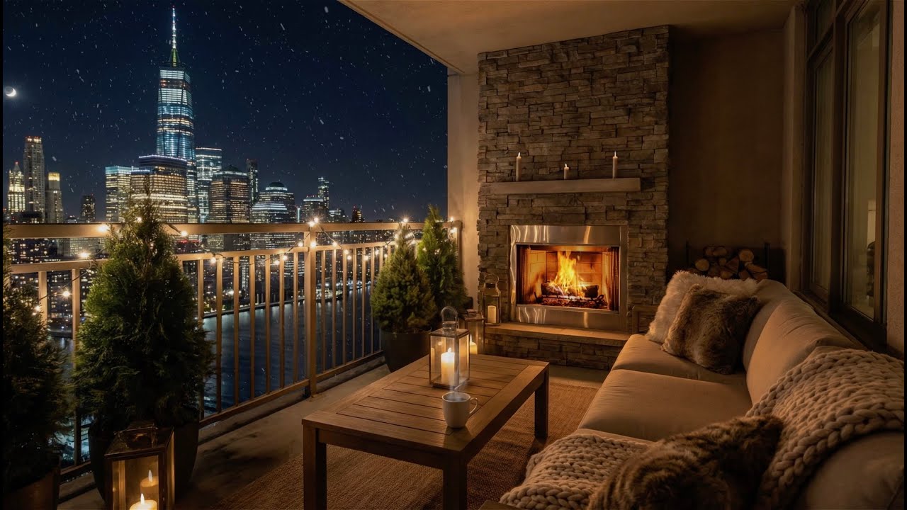 New York City Night Winter Balcony Ambience to Sleep, Relax, Focus 😴🌃❄️ (Fireplace, City Sound)