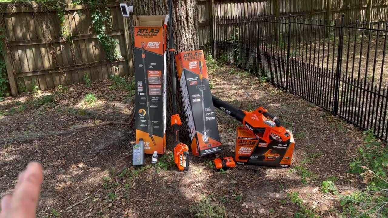 Harbor freight Atlas tool review: 80v pole saw, 80v blower and 80v string trimmer weed whacker demo