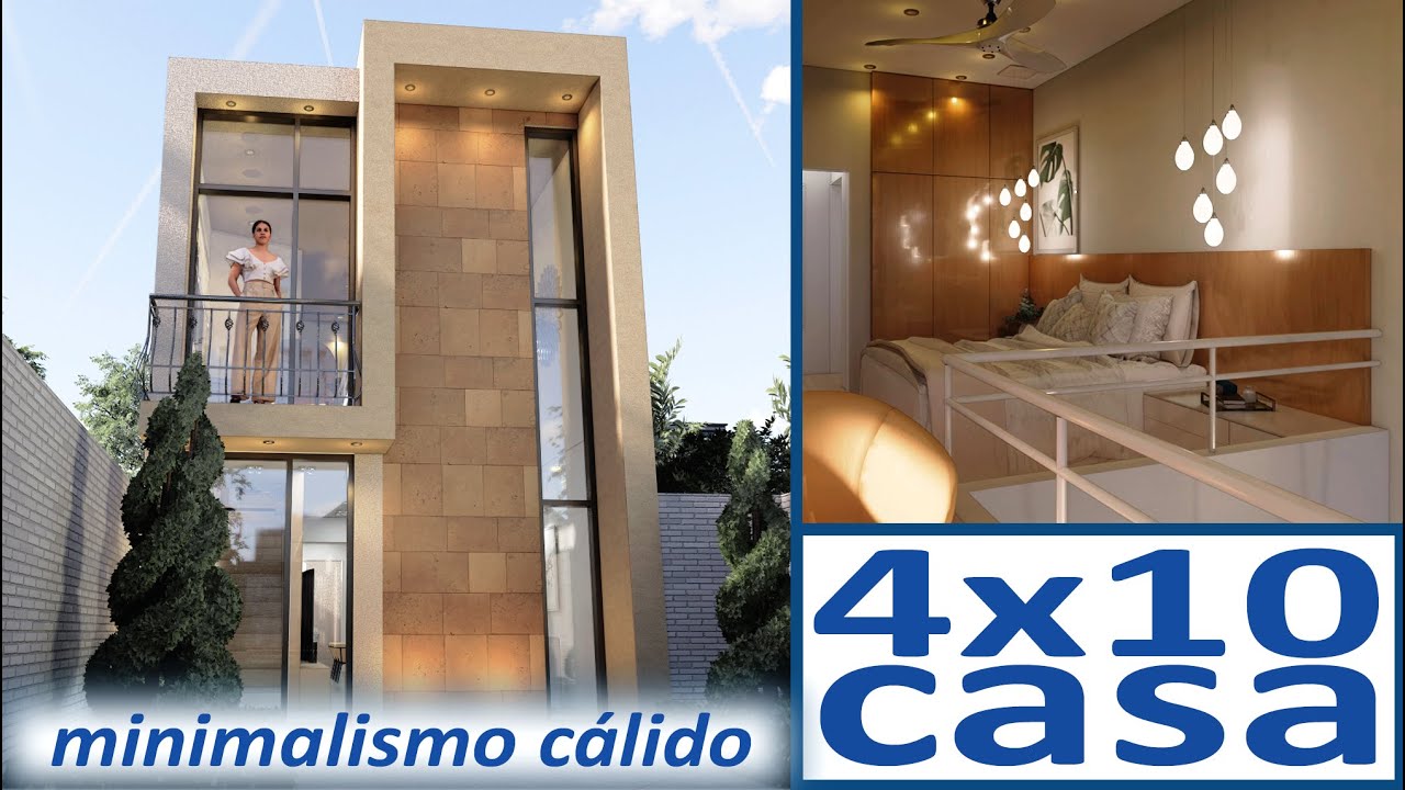 Casas Pequeñas 4 x 10 de Dos Pisos - Planos de Casa de 2 Plantas Modernas con Balcón - Loft en 3D