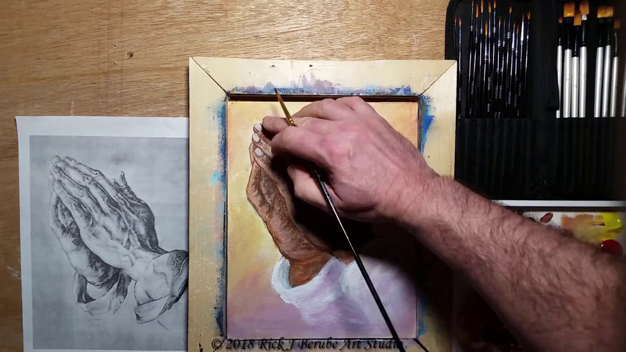 Demo of painting realistic Praying hands in acrylics tutorial