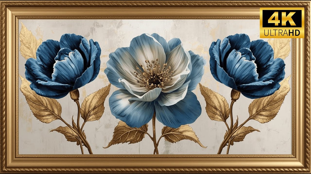 Vintage Blue Flowers Painting | Elegant Gold Frame Wall Art for TV Screensaver & Wallpaper