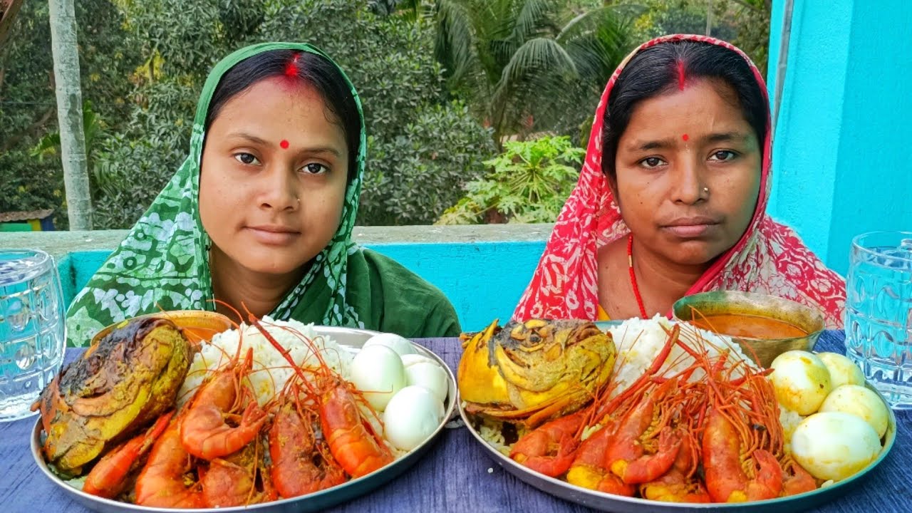 golda chingrir malai curry, rui fish head, boiled egg & rice challenging video... with punishment 🤮