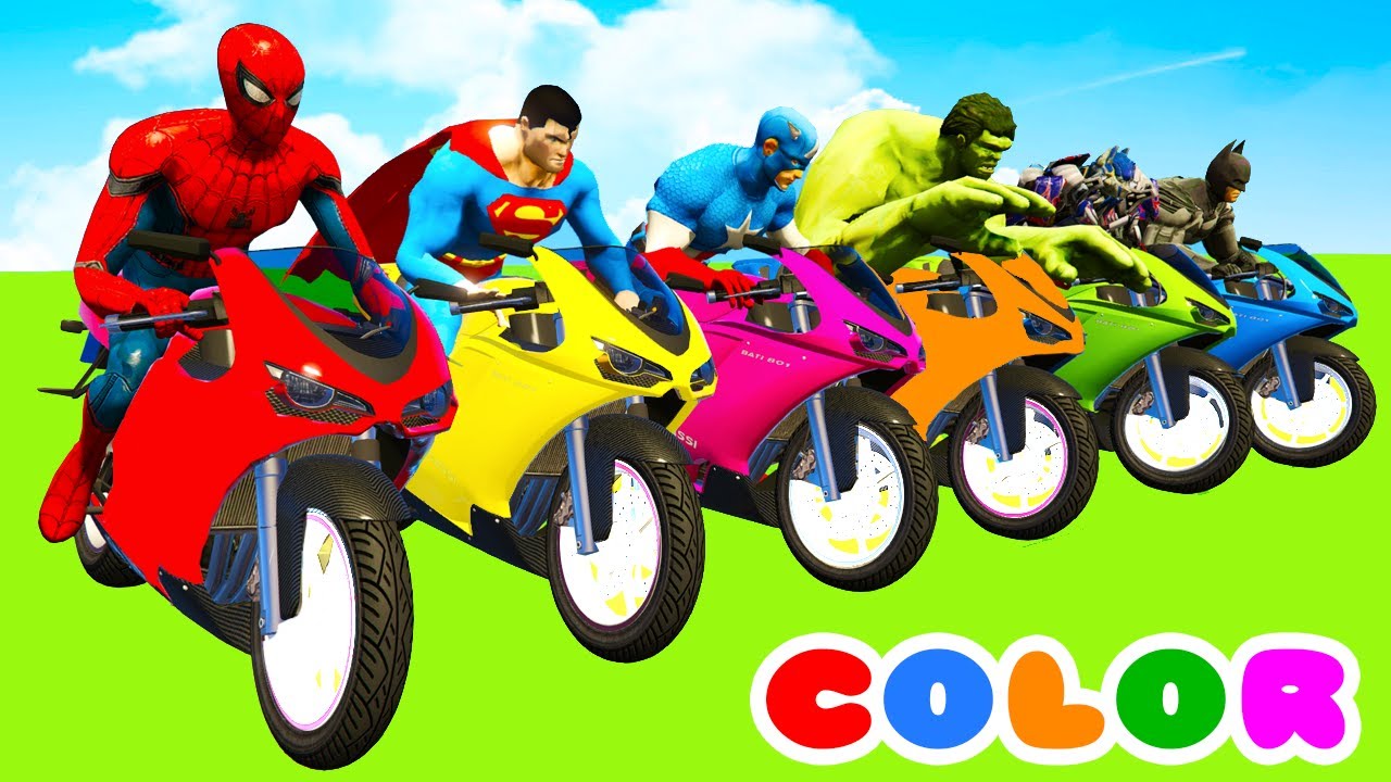 MotorCycles COLOR Race in Cars Cartoon & Superheroes with Spiderman