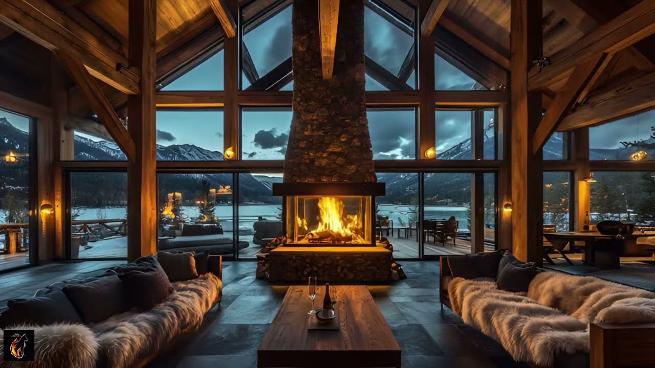 Luxury Mountain Cabin Fireplace 🏔️ | Cozy Winter Ambience with Crackling Fire & Lake View