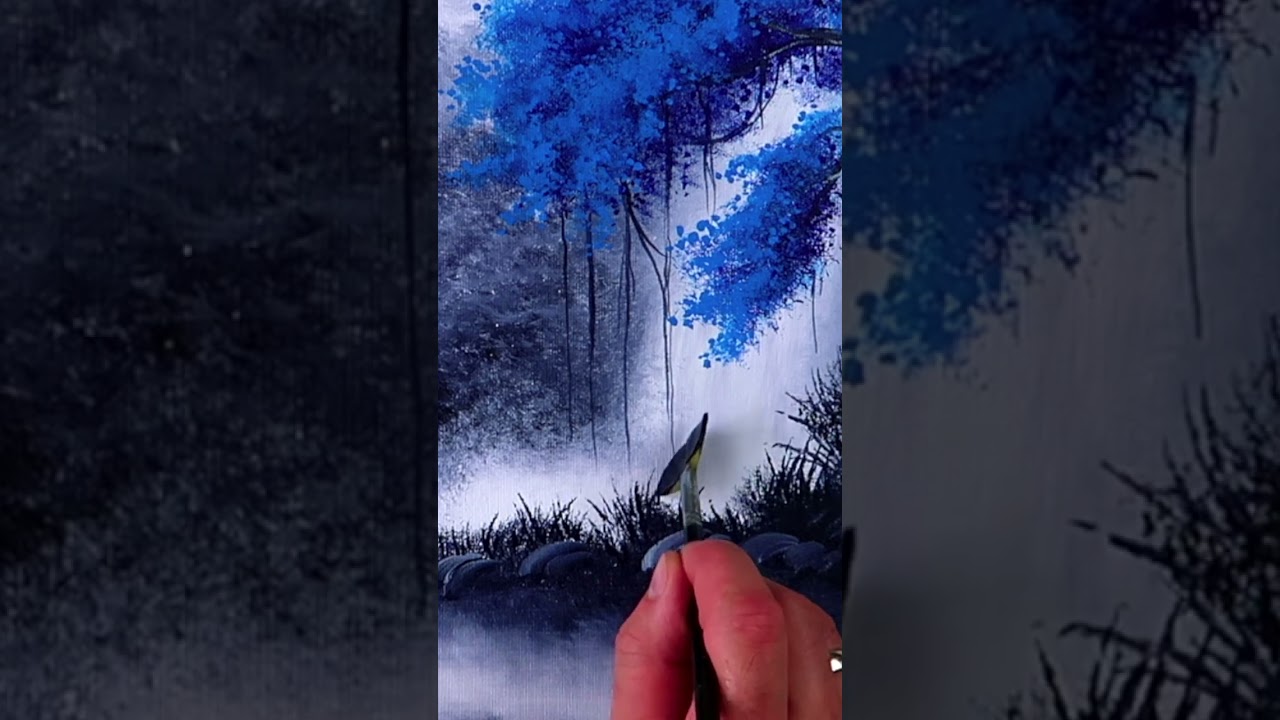 How to paint Blue Tree Waterfall Acrylic Landscape Art Oval Brush Technique 