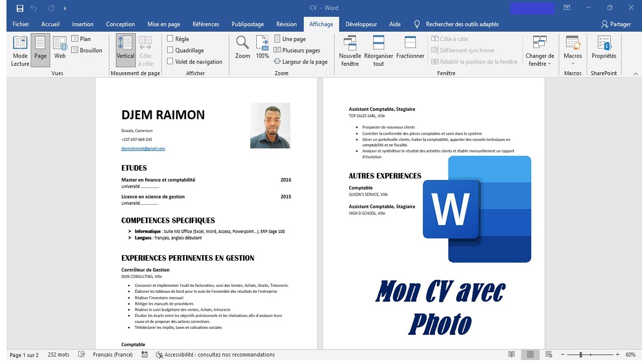 CV avec  photo de profil : Intégrer une photo à son CV sur Word