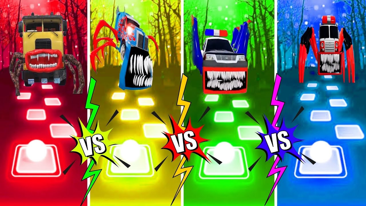 👀Truck Eater 🆚️Mater Truck Eater 🆚️Police Car Eater 🆚️Fire Truck Eater 🎶Tiles Hop EDM RUSH