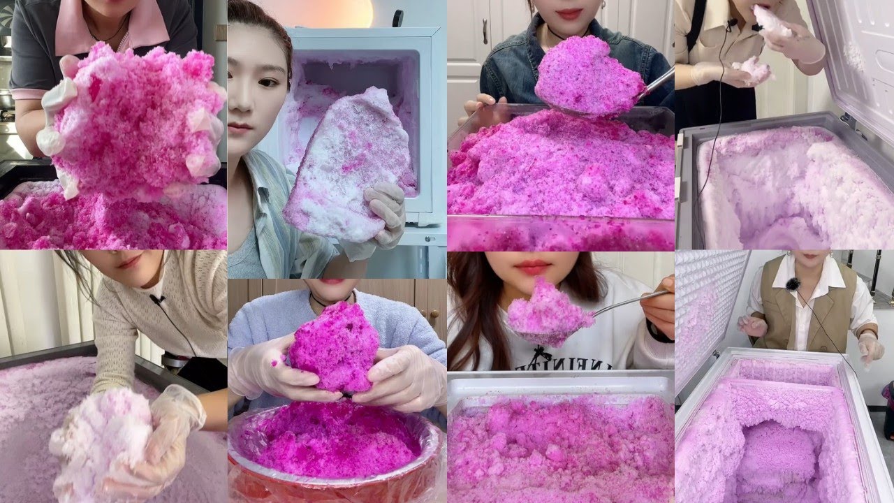 ONLY BITES🔷PINK FLAVOURED MIXED SOFT SQUEAKY FREEZER FROST EATING || SHAVED ICE BITES ASMR🧊