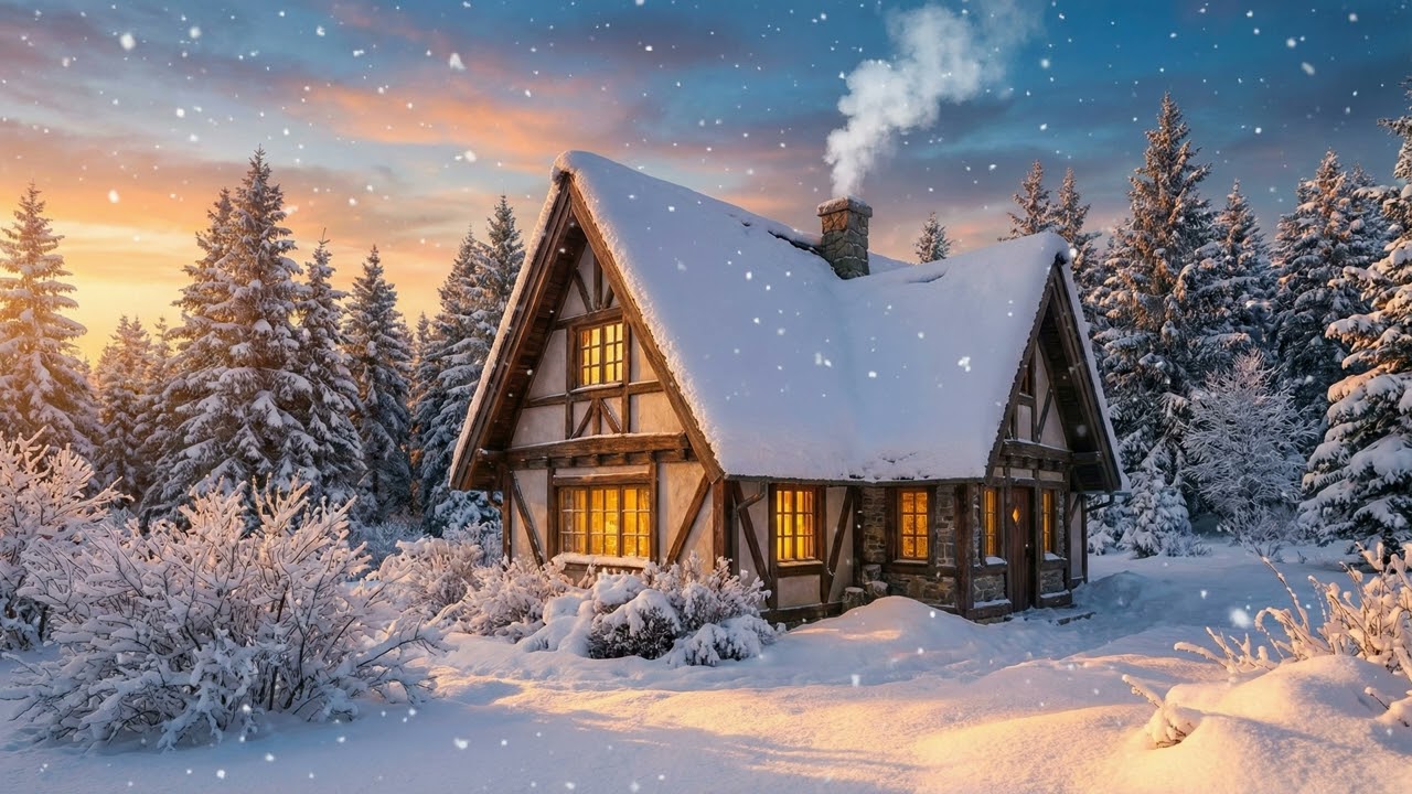 Cozy Winter Wooden Cottage 4K (1HR) – Snowfall, Warm Lights & Forest Sunset | Relaxing TV Art