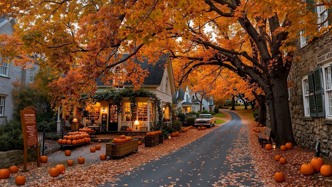Where Pumpkins Line a Quiet Village Road 🍂 Warm Autumn Jazz Playlist at a Cozy Caf&eacute; for Slow Days ☕